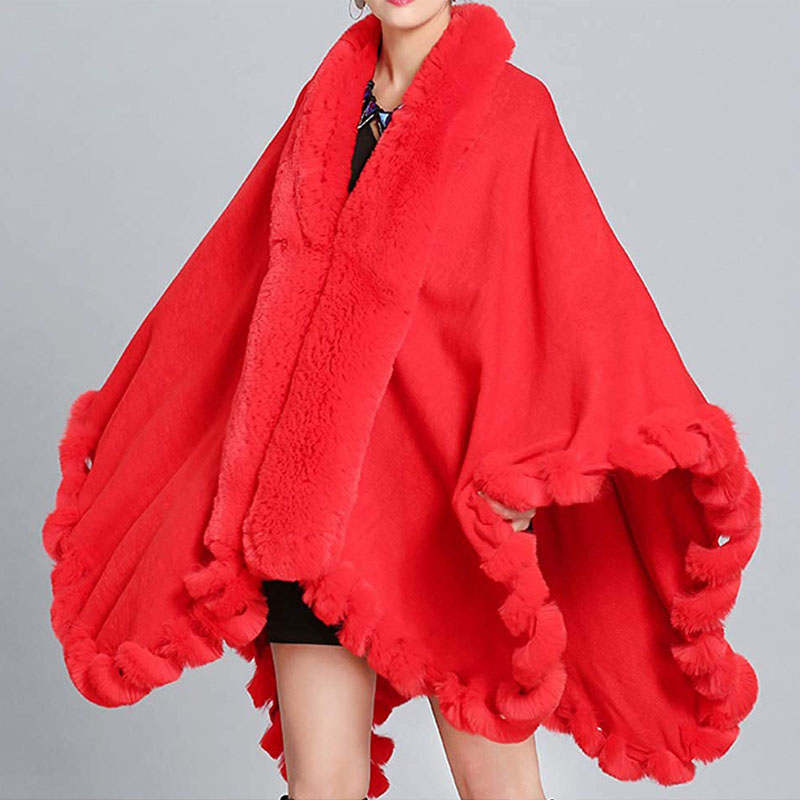 Beakey Womens Faux Fox Fur Trim Cardigan Shawl Oversized Cape-Red