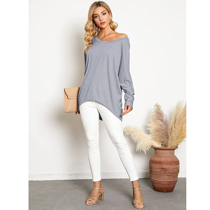 Beakey Women's Batwing Sleeve Off Shoulder Oversized Baggy Tops Casual Sweater-Gray-8889