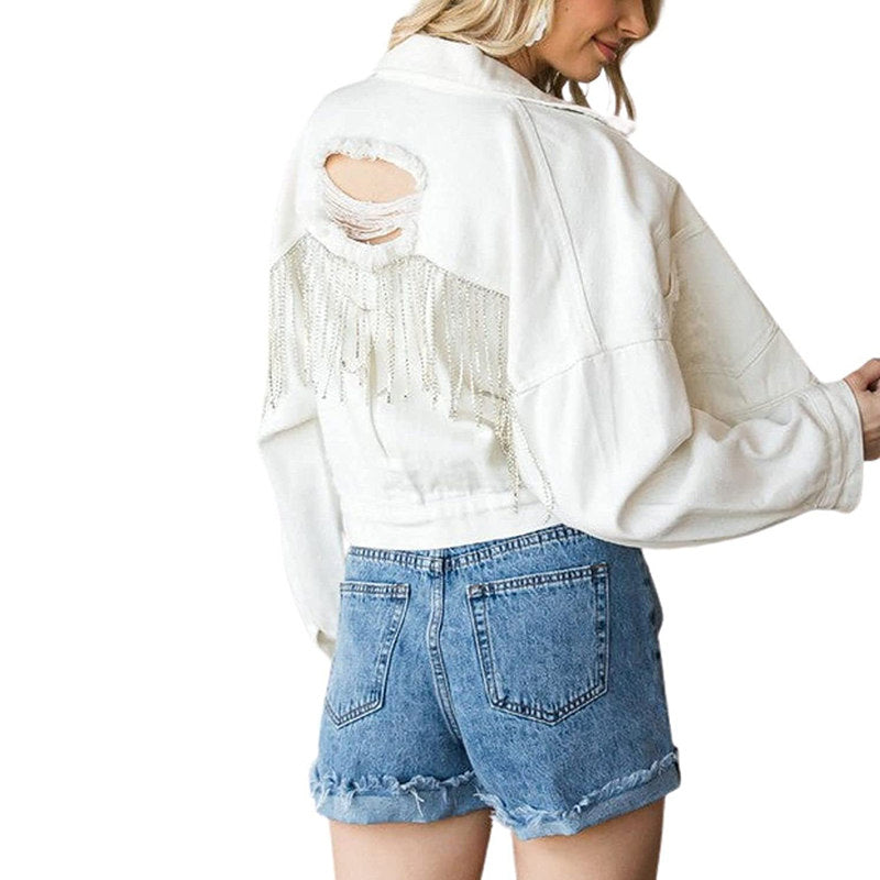 Beakey Womens Denim Jacket with Fringe Rhinestones Crop Casual Coat-White