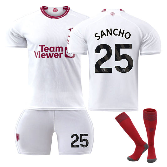 Beakey Red Devil Man Utd Second Away Jersey SANCHO #25 Soccer Jersey Kids Adult 3Pcs Jersey Kits