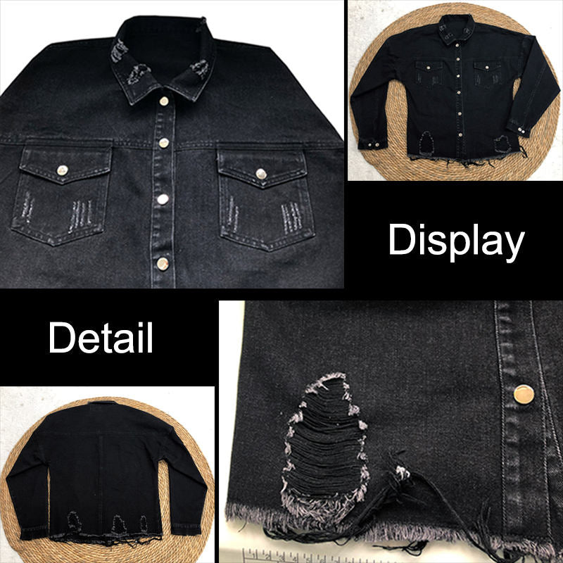 Beakey Women Ripped Denim Jacket Boyfriend Mid Long Trucker Coat-Black