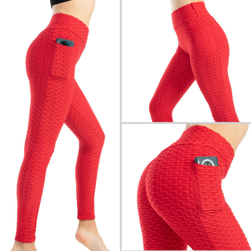 Beakey Womens Leggings Ruched Butt Lifting Stretchy Tights with Pockets-Red