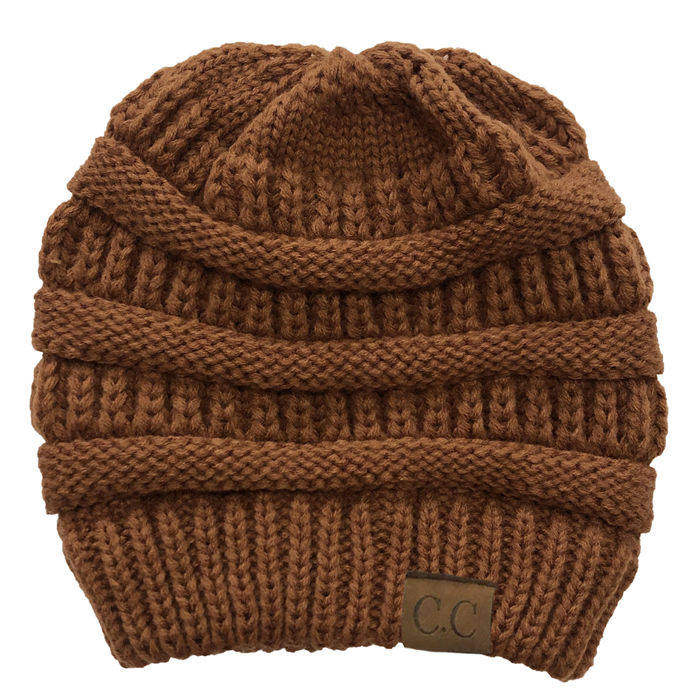 Beakey Soft Stretch Cable Knit Hat Ponytail Beanie Winter Hat For Women-Caramel Colour
