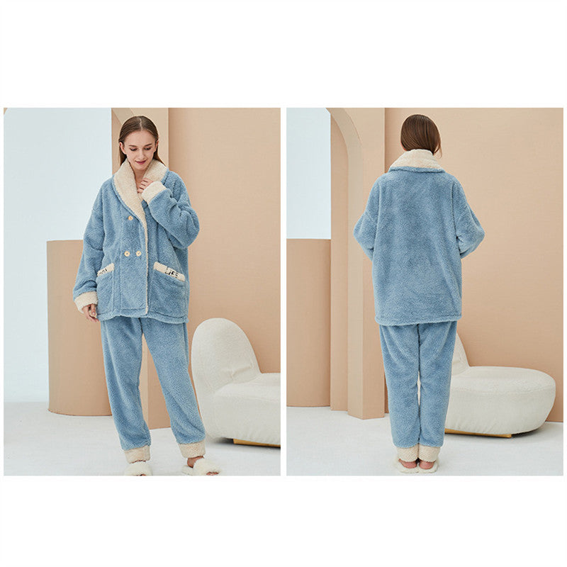 Beakey Womens Plush Pajamas Cardigan Set Loungewear-Haze Blue