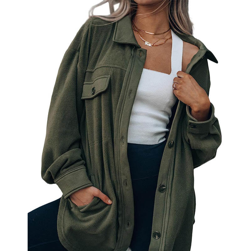 Beakey Womens Fleece Long Sleeved Shirt Casual Boyfriend Blouse Top-Military Green