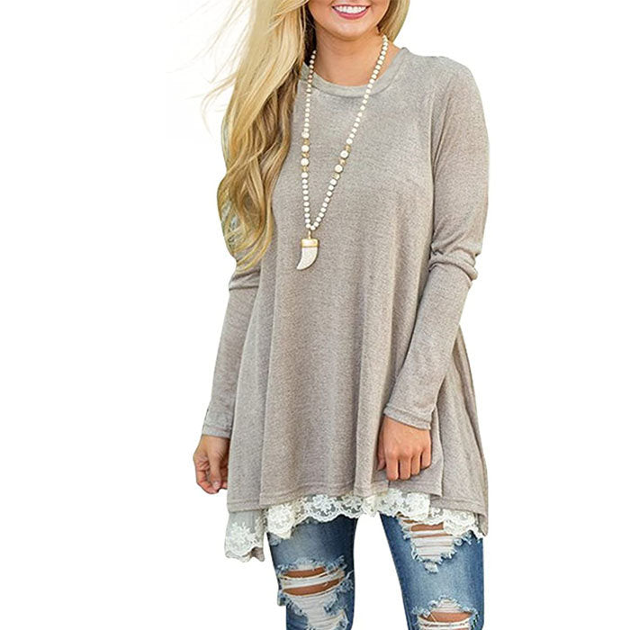 Beakey Women's Crew Neck Long Sleeve Lace Splicing Shirt Long Tunic Blouses-Khaki-1228