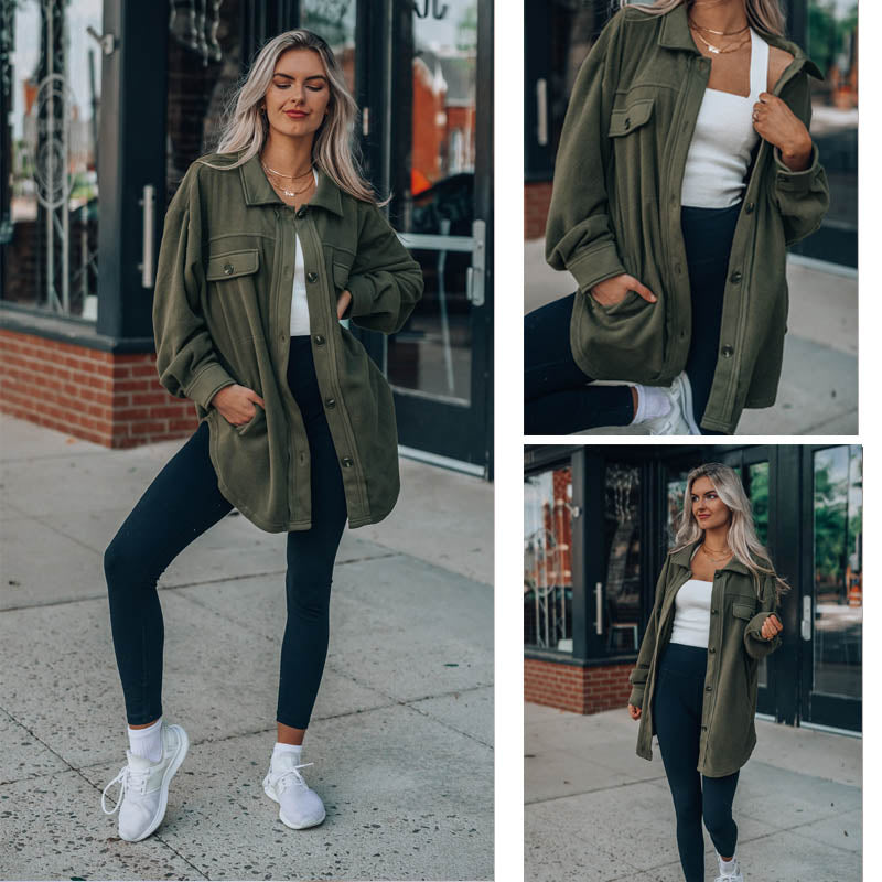 Beakey Womens Fleece Long Sleeved Shirt Casual Boyfriend Blouse Top-Military Green