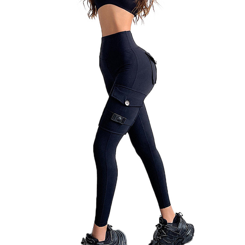 Beakey Womens Cargo Leggings with Flap Pockets Non See Through for Workout-Black