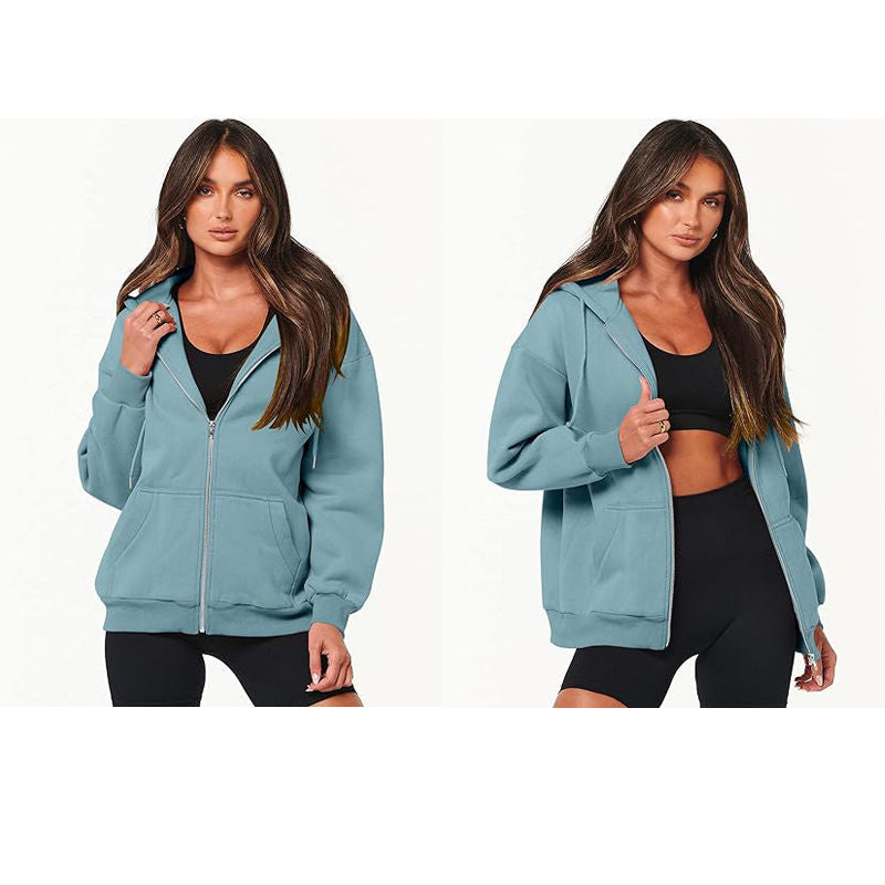 Beakey Womens Zip Up Hoodies with Pockets Y2K Oversized Sweatshirts-Light Blue