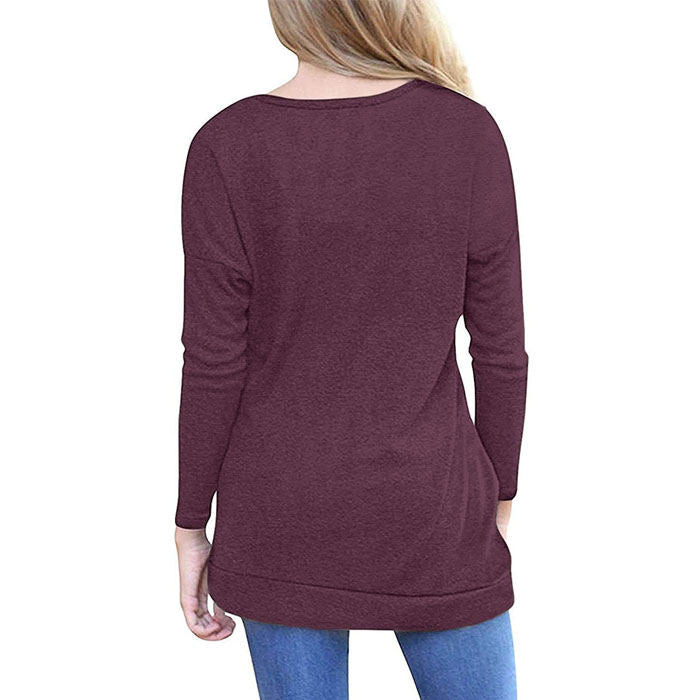 Beakey Women's Casual Long Sleeve Round Neck Loose T Shirt Blouse Tops-Wine Red-88041