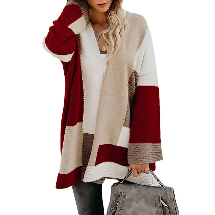 Beakey Womens Color Block Cardigan Open Front Sweaters Loose Knit Casual Coat-Red Wine-AL6009