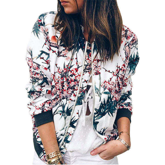 Beakey Women's Fashion Zip Up Casual Jacket Coat Short Outwear Flower Printing Tops-Dark Blue-8795