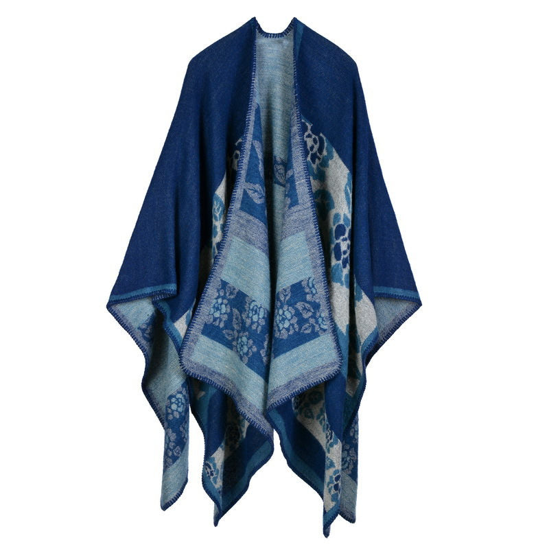 Beakey Womens Winter Reversible Oversized Blanket Cape Shawl-Flower Navy