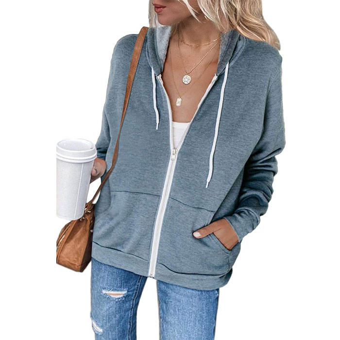 Beakey Womens Solid Color Zip Up Hoodie Long Sleeve Casual Sweatshirts Coat-Gray-7052