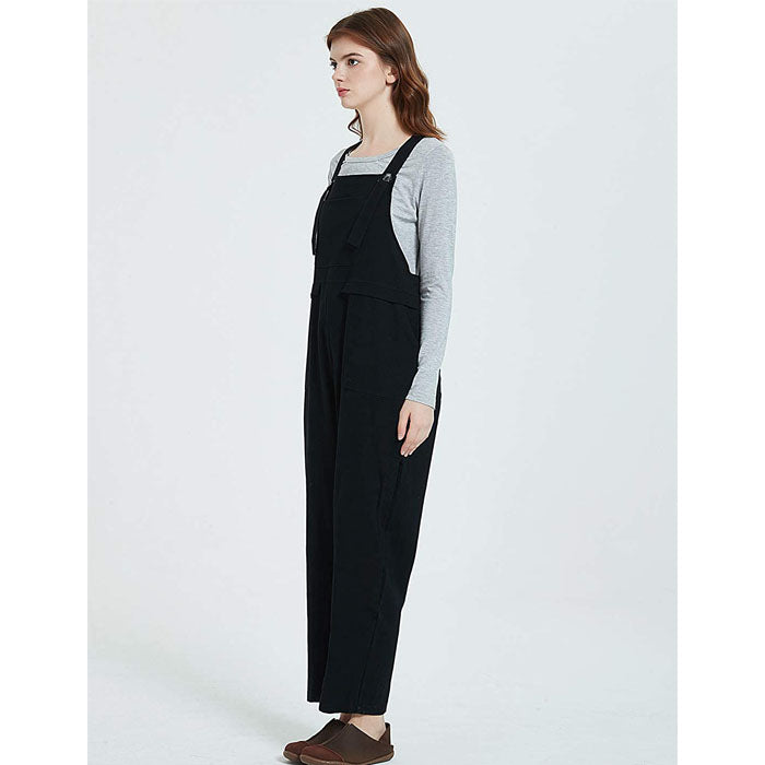 Beakey Women's Casual Baggy Cotton Linen Jumpsuit Overalls With Pockets-Black-5859