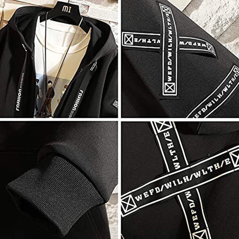 Beakey Hooded Windbreaker for Men Print Harajuku Zipper Long Jacket-Black