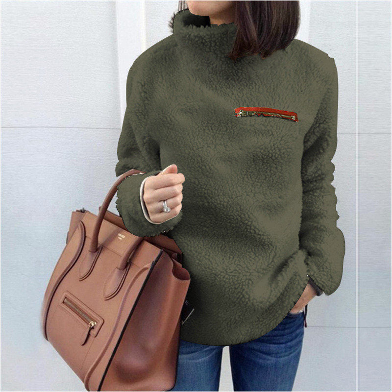 Beakey Womens Turtleneck Sweatshirt Winter Faux Fuzzy Sherpa Pullover-Army Green
