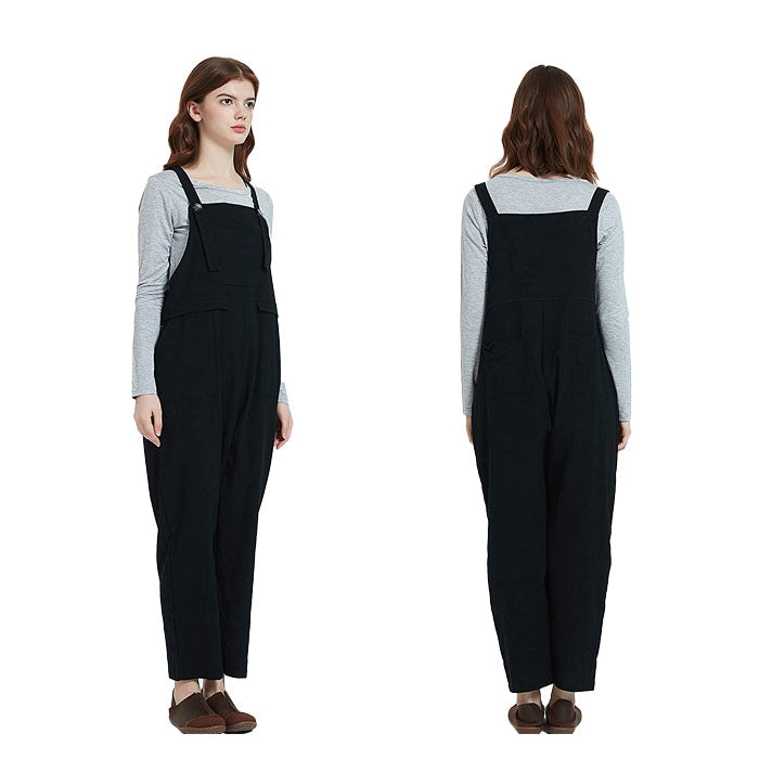 Beakey Women's Casual Baggy Cotton Linen Jumpsuit Overalls With Pockets-Black-5859