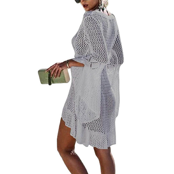 Beakey Women Beach Swimsuit for Women Flared Sleeves Coverups Bikini Loose Cover Up Net-White
