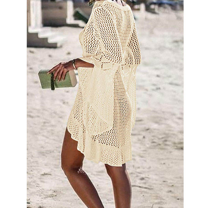 Beakey Women Beach Swimsuit for Women Flared Sleeves Coverups Bikini Loose Cover Up Net-Apricot