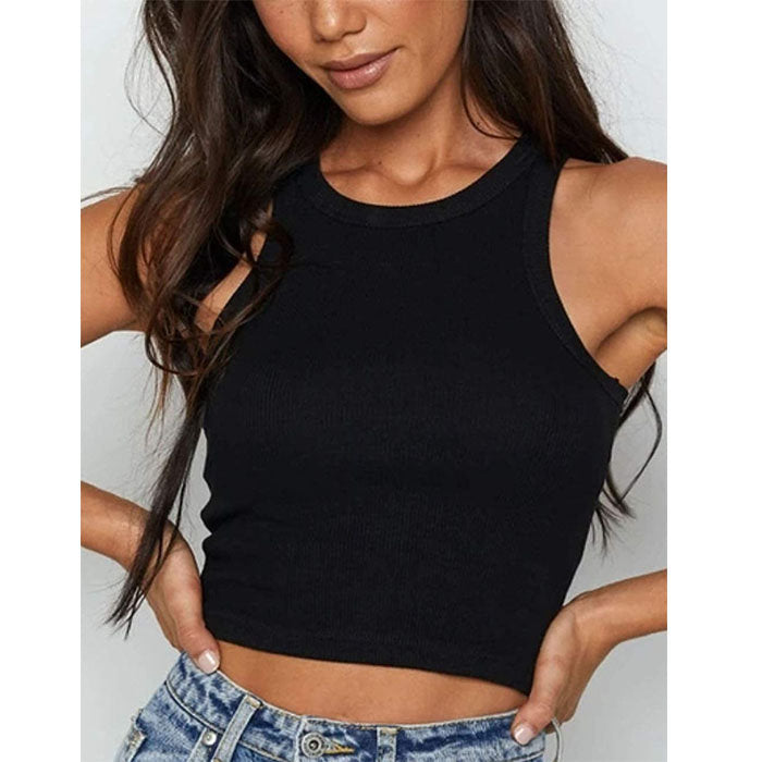 Beakey Vest For Women Notch Sleeveless Summer Ribbed Short Leaking Belly Tank Tops-Black-3011