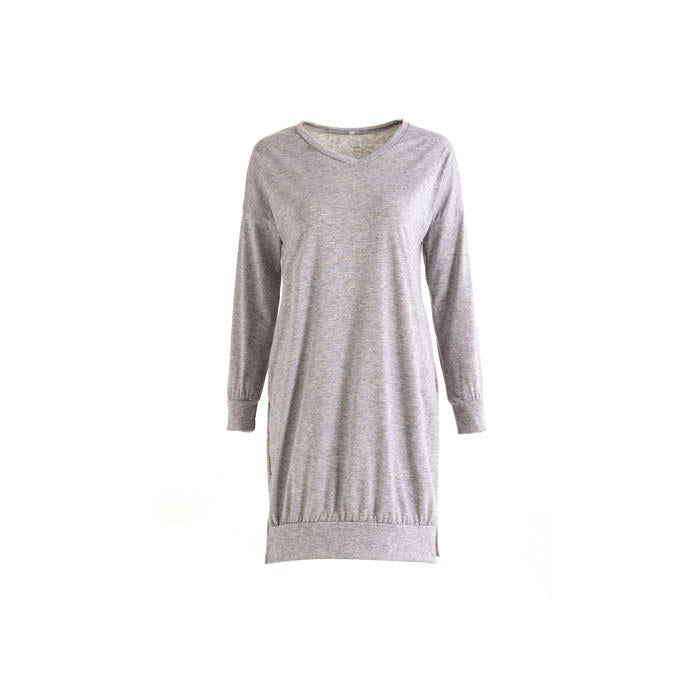 Beakey Womens Casual V Neck Long Sleeves Pocket Solid Color Sweatshirt Split Tops-Light Gray-W0083