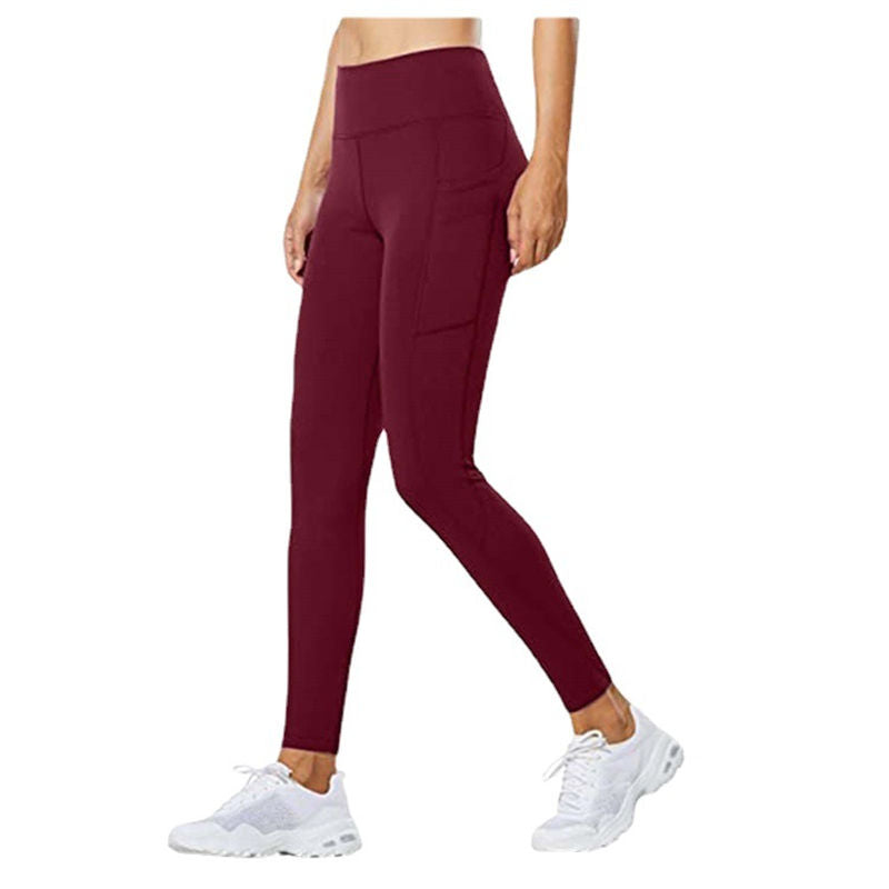 Beakey Womens High Waist Yoga Pants with Pockets Fashionable Leggings-Red Wine
