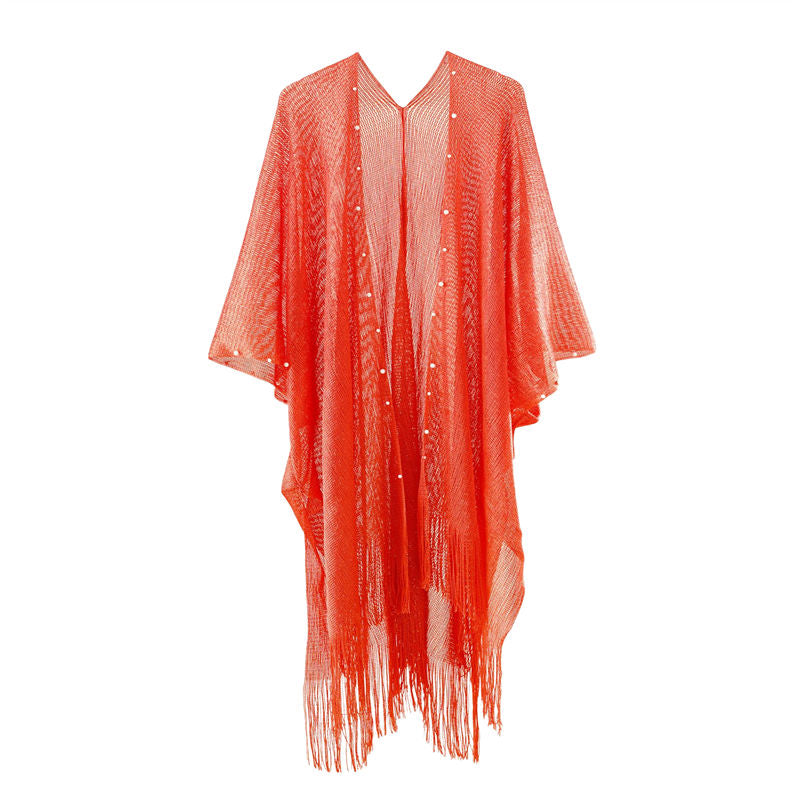 Beakey Womens Tassel Long Kimono Cardigans Beach Swimsuit Bikini Cover Up-Red