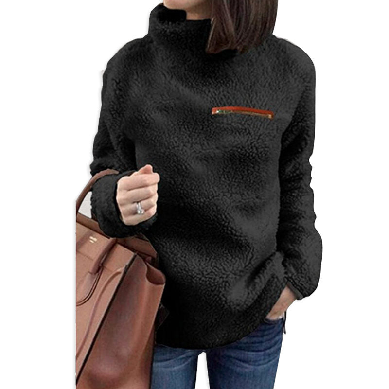 Beakey Womens Turtleneck Sweatshirt Winter Faux Fuzzy Sherpa Pullover-Black