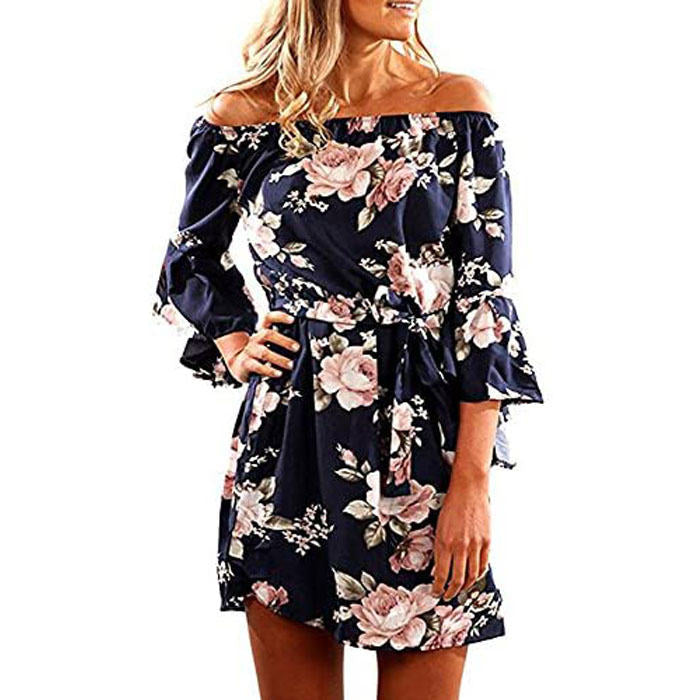 Beakey Women Off Fashion Shoulder Ruffles Floral Tunic Casual Party Shift Short Dress-Blue