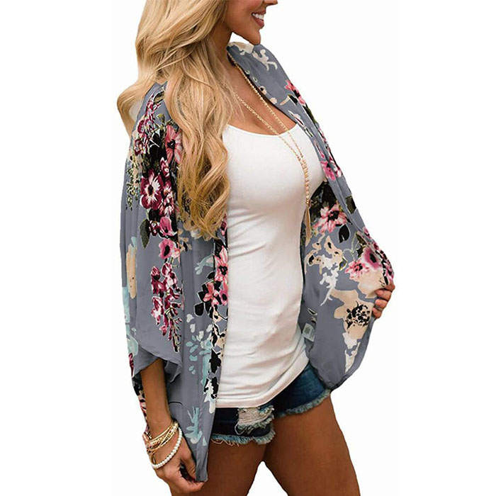 Beakey Women's Summer Floral Print Kimonos Loose Half Sleeve Chiffon Cardigan Blouses Casual Cover Up - Dark Gray