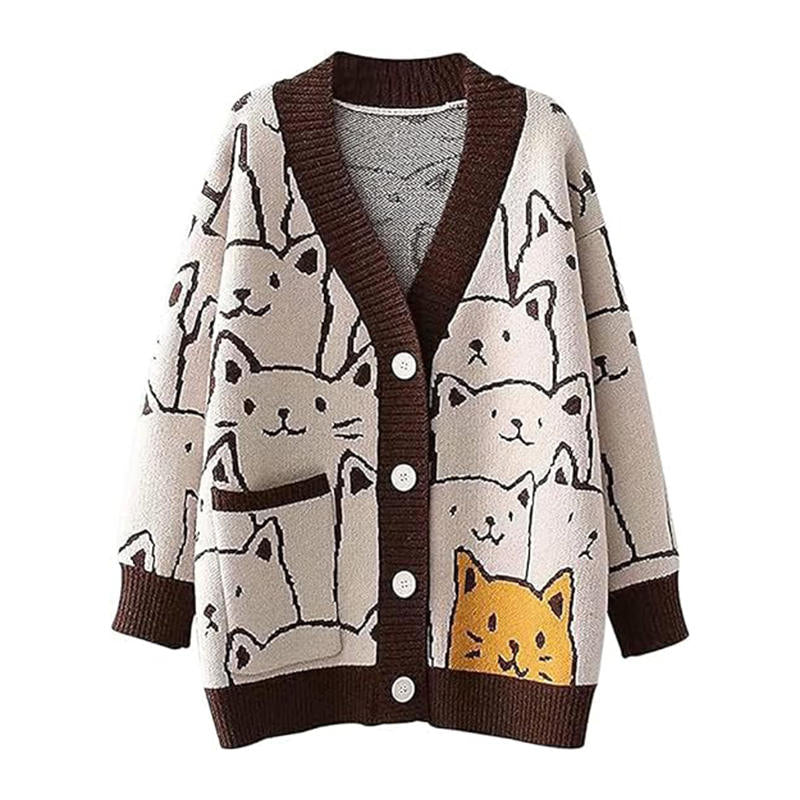 Beakey Kawaii Cat Sweater for Women Button Down V Neck Knitted Cardigan-Coffee
