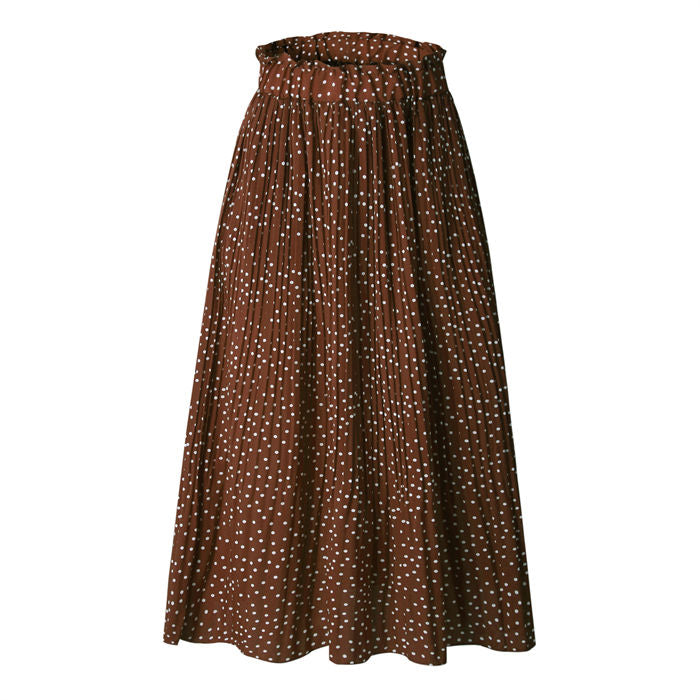 Beakey Womens High Waist Skirt Polka Dot Pleated Midi Maxi Swing Skirt High Elastic-Coffee-0387