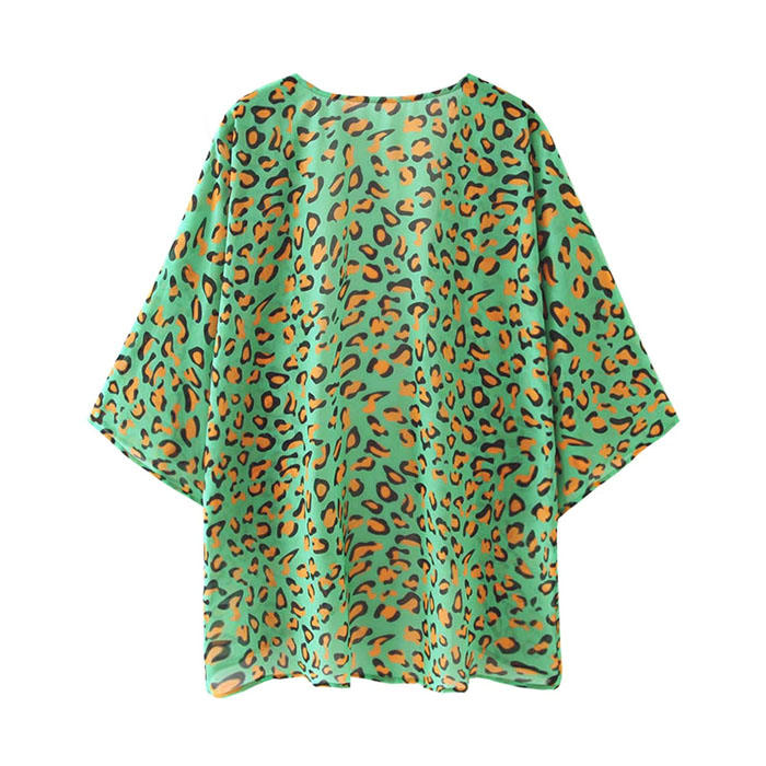 Beakey Women's Summer Floral Print Kimonos Loose Half Sleeve Chiffon Cardigan Blouses Casual Cover Up - Green Pattern