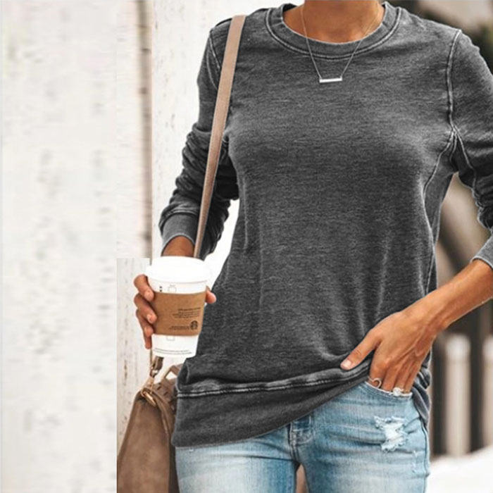 Beakey Womens Casual Crewneck Sweatshirt Long Sleeve Solid Color Loose Tops-Gray-8100