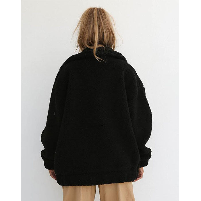 Beakey Women's Lapel Zip Up Coat Faux Shearling Shaggy Oversized  Jacket Warm Winter-Black-T0647