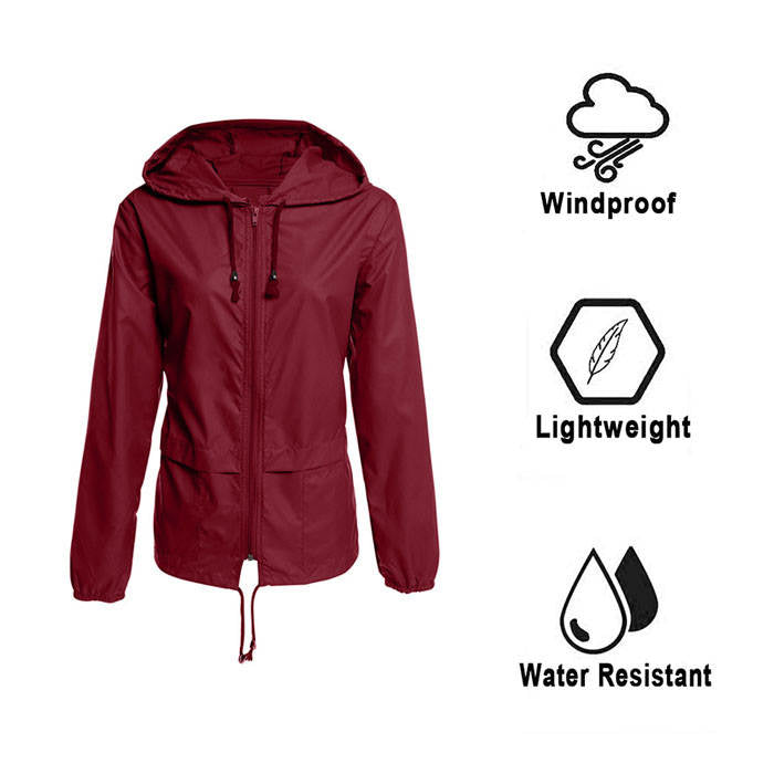 Beakey Women Lightweight Waterproof Raincoat Packable Outdoor Hooded Windbreaker-Wine Red-AL1064