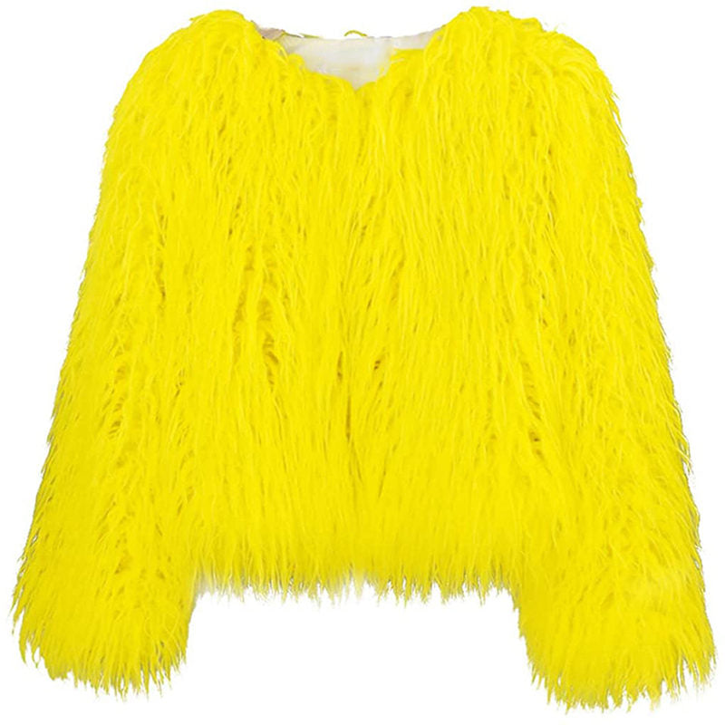 Beakey Womens Shaggy Faux Fur Outwear Short Thermal Coat-Yellow