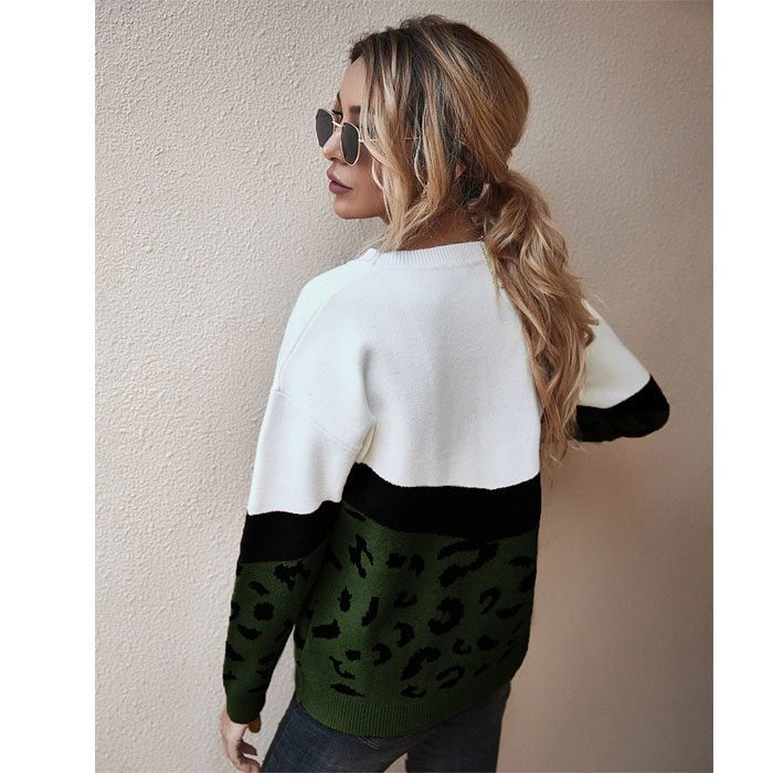 Beakey Women¡¯s Casual Knitted Sweater Leopard Print Color Block Loose Pullover-Army Green-K208002