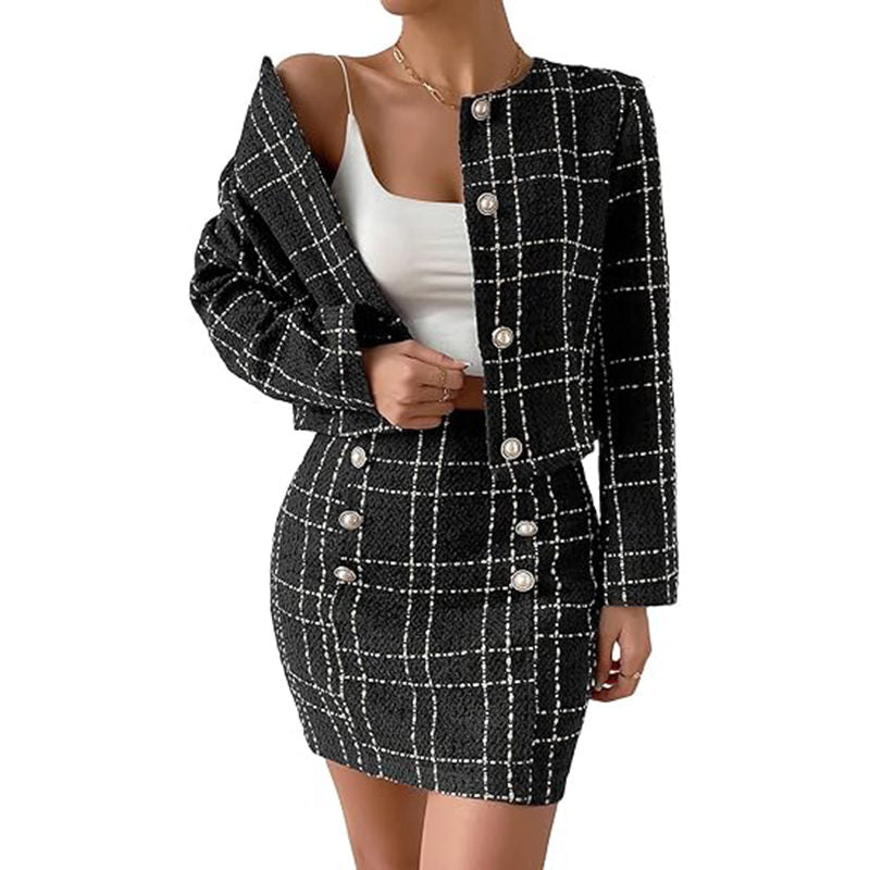 Beakey Elegant Outfit for Women Plaid Tweed Jacket + Bodycon Mini Skirt-Black