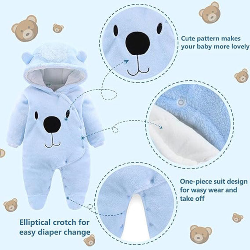 Beakey Cute Bear Hooded Snowsuit for Baby Button Footie Fleece Jumpsuit-Blue