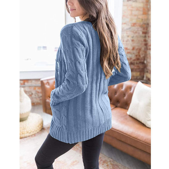 Beakey Women's Winter Keep Warm Long Sleeve Knit Sweater Cardigan Button Loose Outerwear-Blue-YL220187