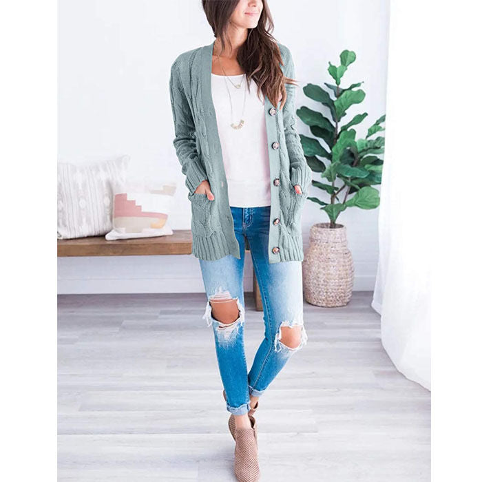 Beakey Women's Winter Keep Warm Long Sleeve Knit Sweater Cardigan Button Loose Outerwear-Green-YL220187