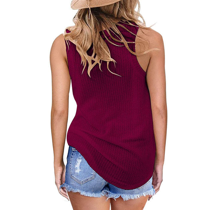 Beakey Womens Waffle Knit Vest Casual Blouse Sleeveless Twist Knot Tank Tops-Wine Red-YT8829