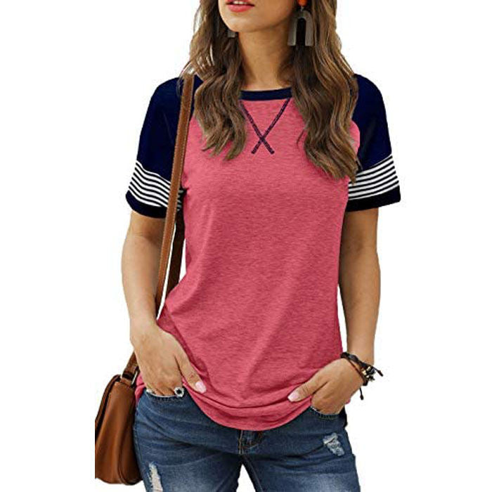 Beakey Womens T Shirts Round Neck Short Sleeve Striped Color Block Casual Tops-Rose-025