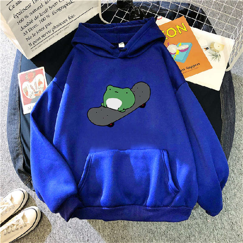 Beakey Womens Cute Hoodie Skateboarding Frog Long Sleeve Pullover-Blue