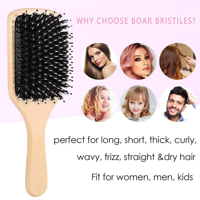 Beakey 2Pcs Boar Bristle Paddle Brush for Thick/Thin Hair Men Women Kids