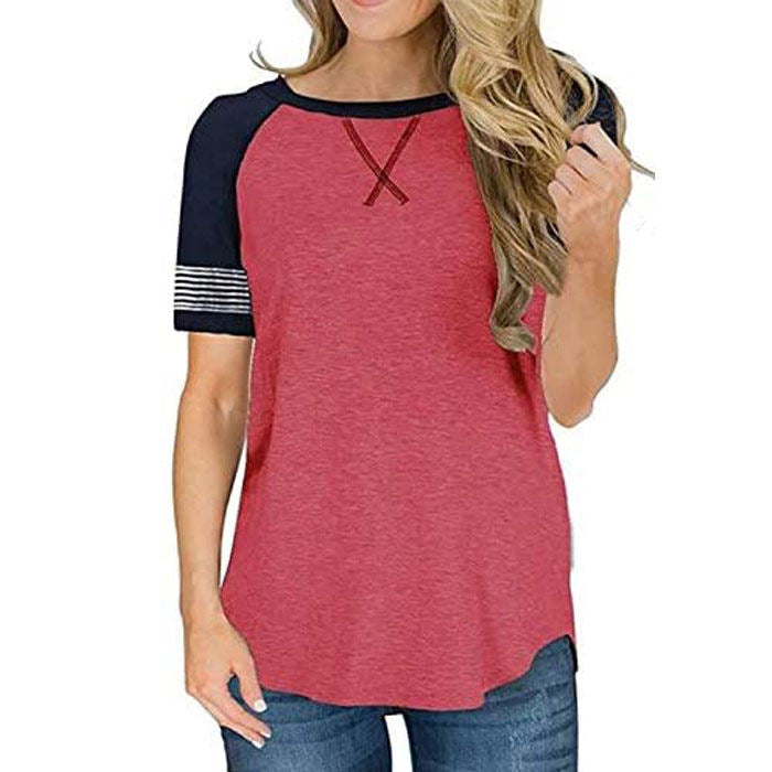 Beakey Womens T Shirts Round Neck Short Sleeve Striped Color Block Casual Tops-Rose-025