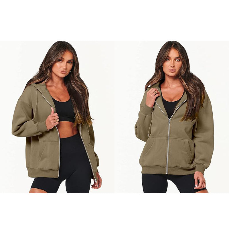 Beakey Womens Zip Up Hoodies with Pockets Y2K Oversized Sweatshirts-Khaki