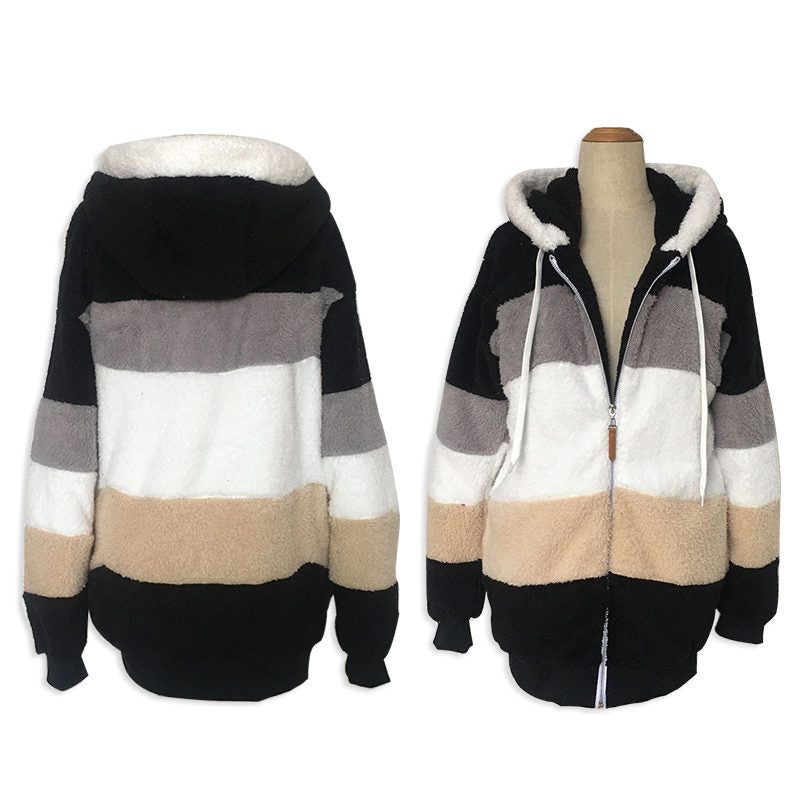 Beakey Womens Warm Plush Hooded Cardigan Full Zip Colorblock Jacket-Black